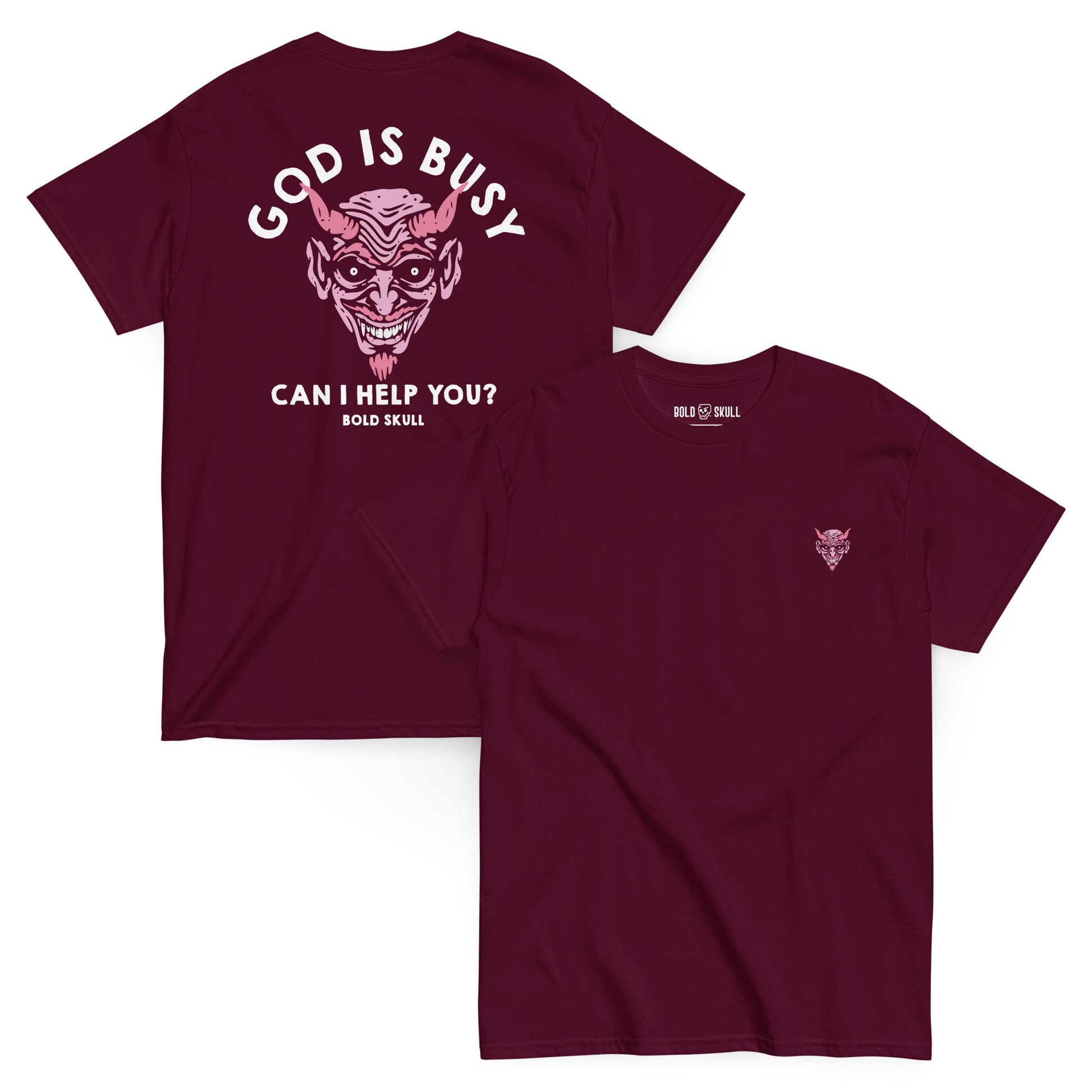 God Is Busy T-Shirt with bold graphic design and dark humor